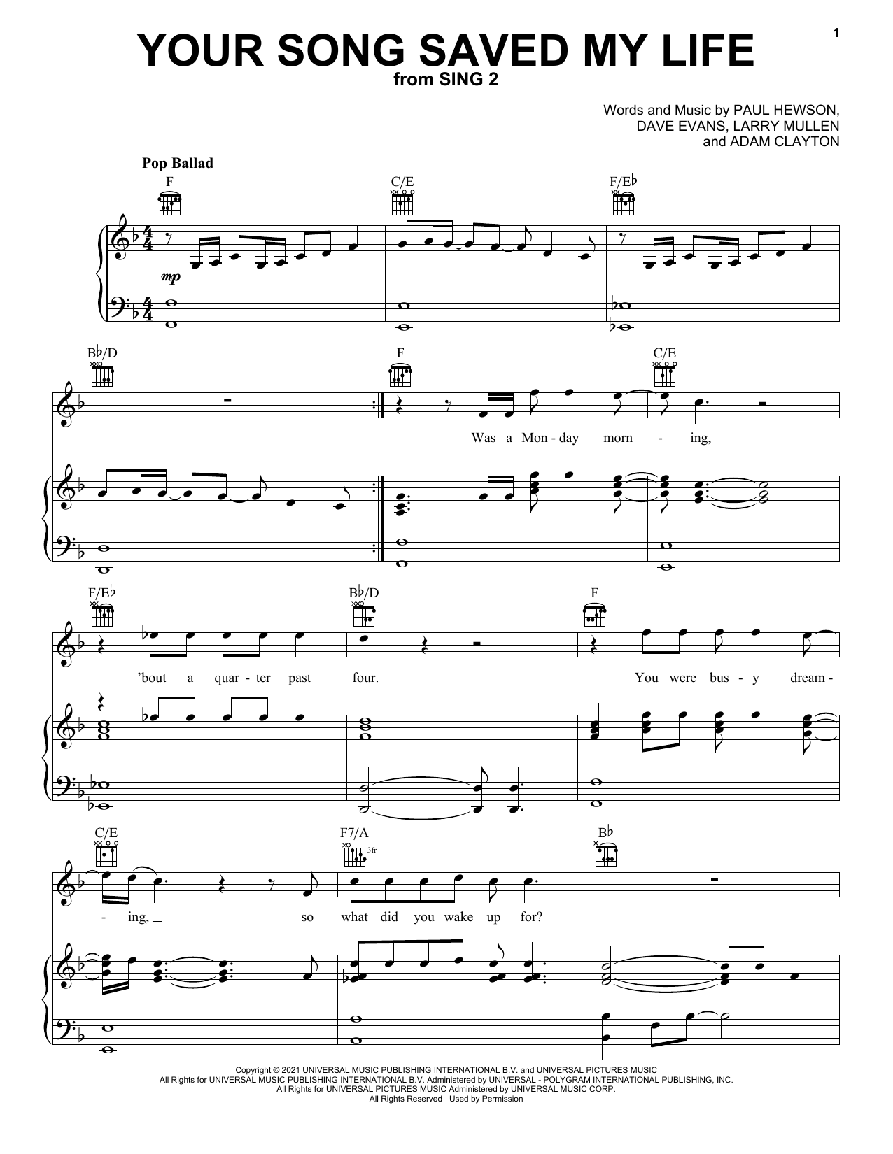 Download U2 Your Song Saved My Life (from Sing 2) Sheet Music and learn how to play Piano, Vocal & Guitar Chords (Right-Hand Melody) PDF digital score in minutes