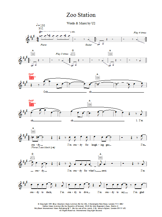 Download U2 Zoo Station Sheet Music and learn how to play Melody Line, Lyrics & Chords PDF digital score in minutes