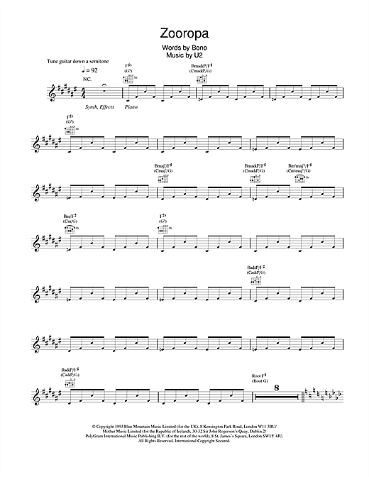 Download U2 Zooropa Sheet Music and learn how to play Melody Line, Lyrics & Chords PDF digital score in minutes
