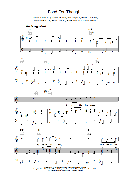 Download UB40 Food For Thought Sheet Music and learn how to play Lyrics & Chords PDF digital score in minutes