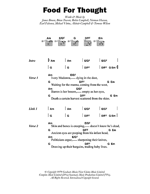 UB40 Food For Thought Sheet Music