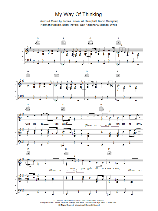 Download UB40 Sheet Music and learn how to play Piano, Vocal & Guitar (Right-Hand Melody) PDF score in minutes