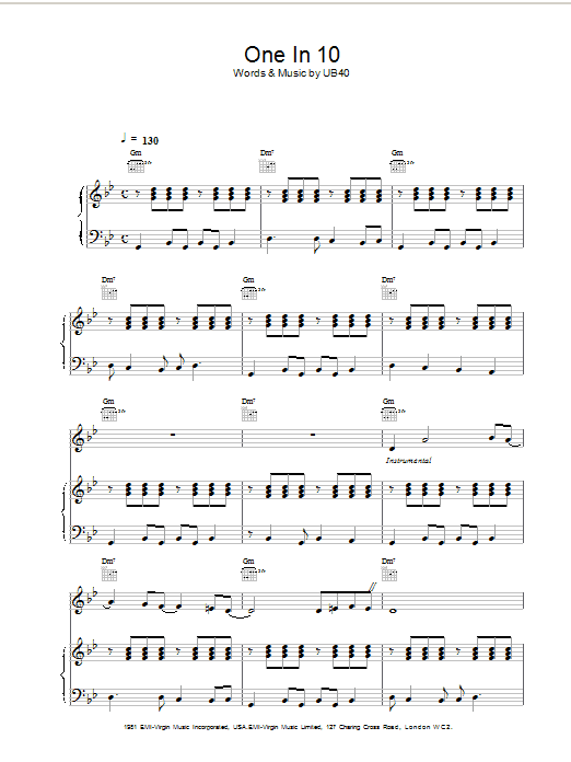 Download UB40 One In Ten Sheet Music and learn how to play Piano, Vocal & Guitar (Right-Hand Melody) PDF digital score in minutes