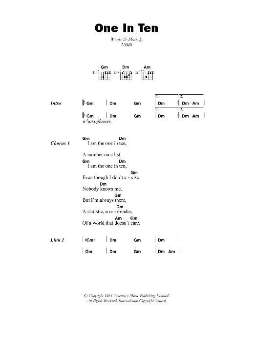 Download UB40 One In Ten Sheet Music and learn how to play Lyrics & Chords PDF digital score in minutes