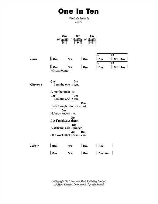 Download UB40 One In Ten Sheet Music and learn how to play Lyrics & Chords PDF digital score in minutes
