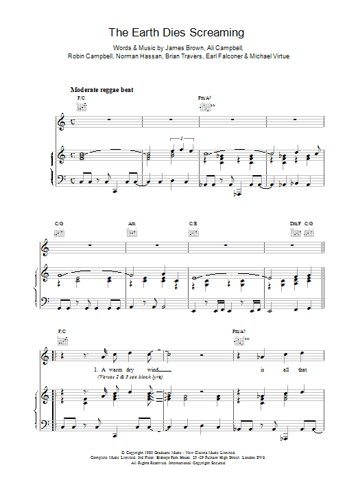 Download UB40 The Earth Dies Screaming Sheet Music and learn how to play Piano, Vocal & Guitar (Right-Hand Melody) PDF digital score in minutes