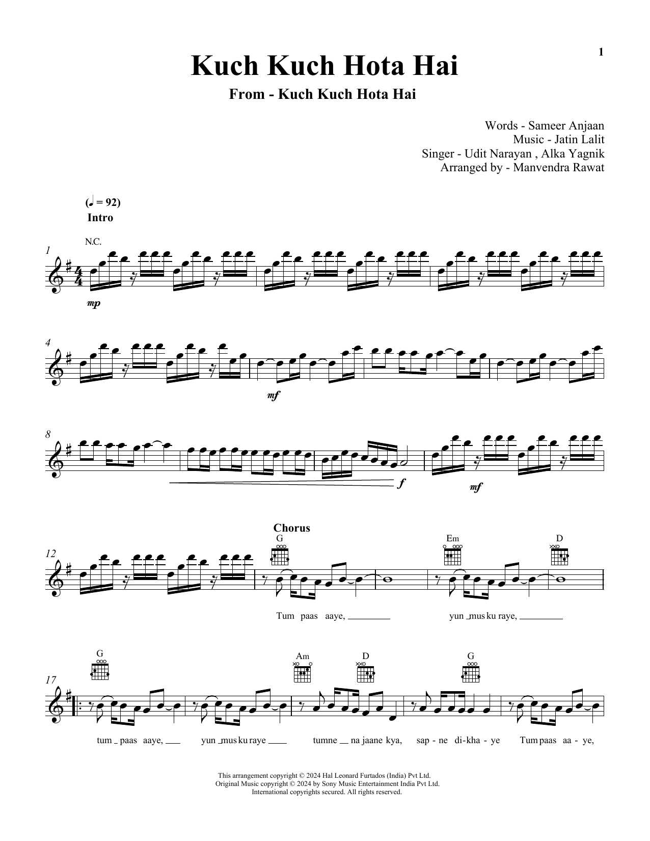 Download Udit Narayan & Alka Yagnik Kuch Kuch Hota Hai Sheet Music and learn how to play Lead Sheet / Fake Book PDF digital score in minutes