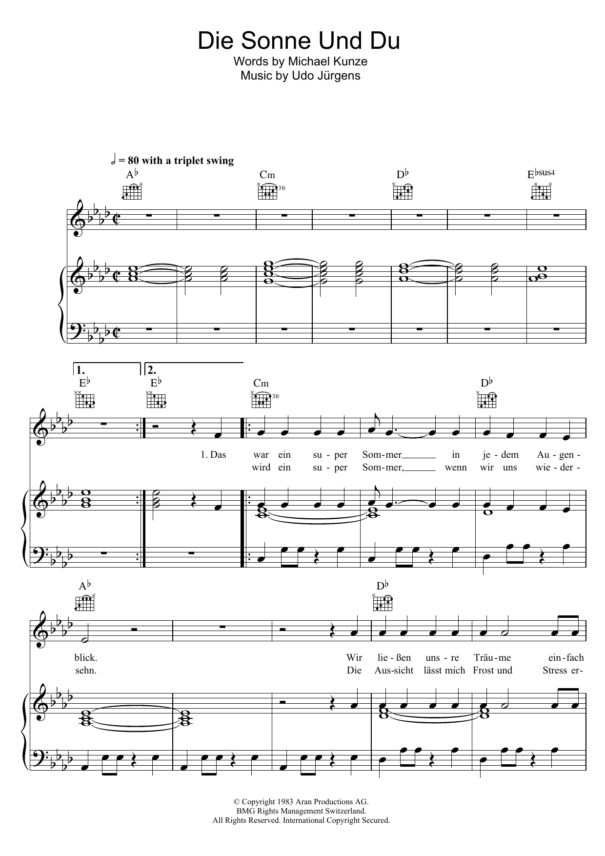 Download Udo Jürgens Die Sonne Und Du Sheet Music and learn how to play Piano, Vocal & Guitar (Right-Hand Melody) PDF digital score in minutes