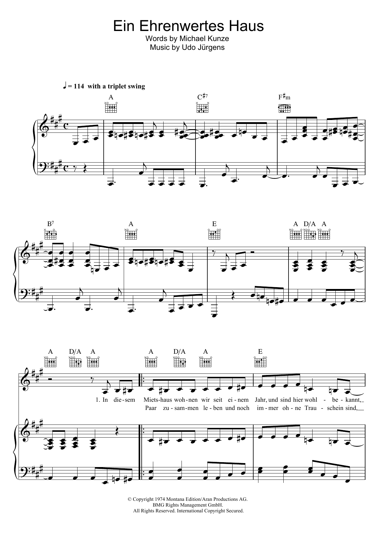 Download Udo Jürgens Ein Ehrenwertes Haus Sheet Music and learn how to play Piano, Vocal & Guitar (Right-Hand Melody) PDF digital score in minutes