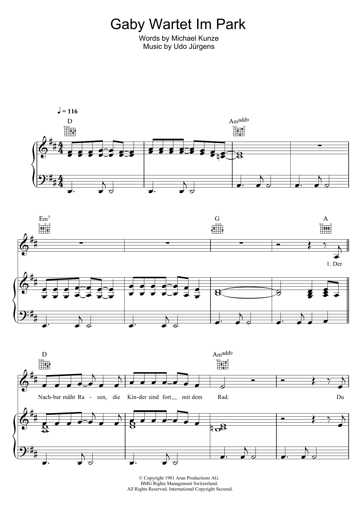 Download Udo Jürgens Gaby Wartet Im Park Sheet Music and learn how to play Piano, Vocal & Guitar (Right-Hand Melody) PDF digital score in minutes