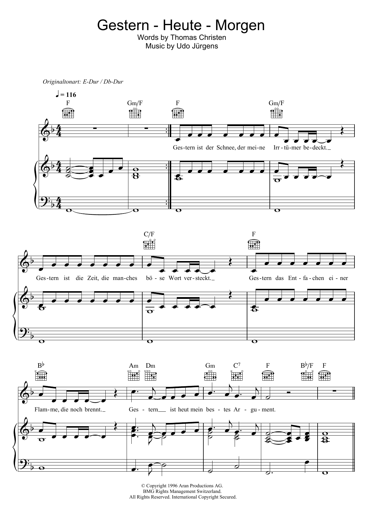 Download Udo Jürgens Gestern - Heute - Morgen Sheet Music and learn how to play Piano, Vocal & Guitar (Right-Hand Melody) PDF digital score in minutes