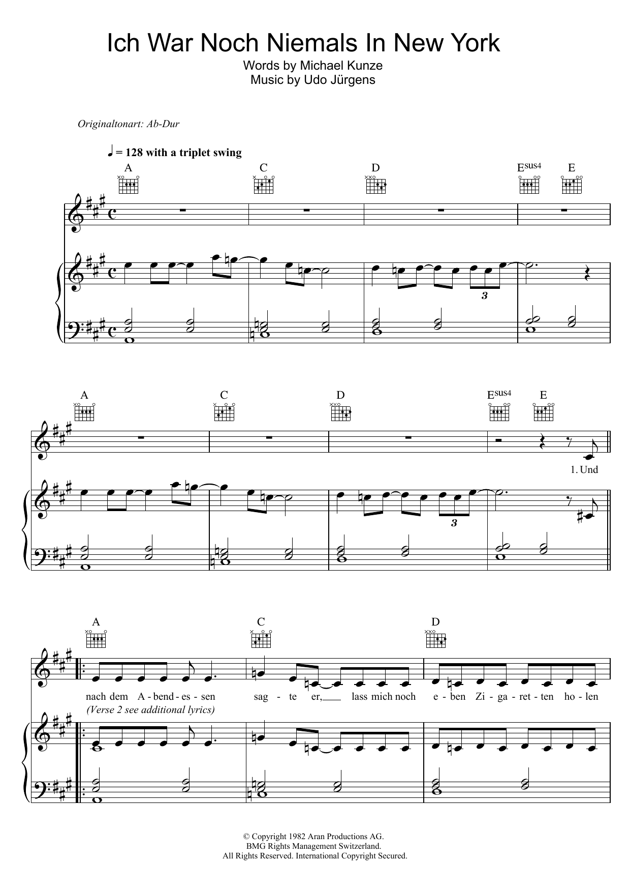 Download Udo Jürgens Ich War Noch Niemals In New York Sheet Music and learn how to play Piano, Vocal & Guitar (Right-Hand Melody) PDF digital score in minutes