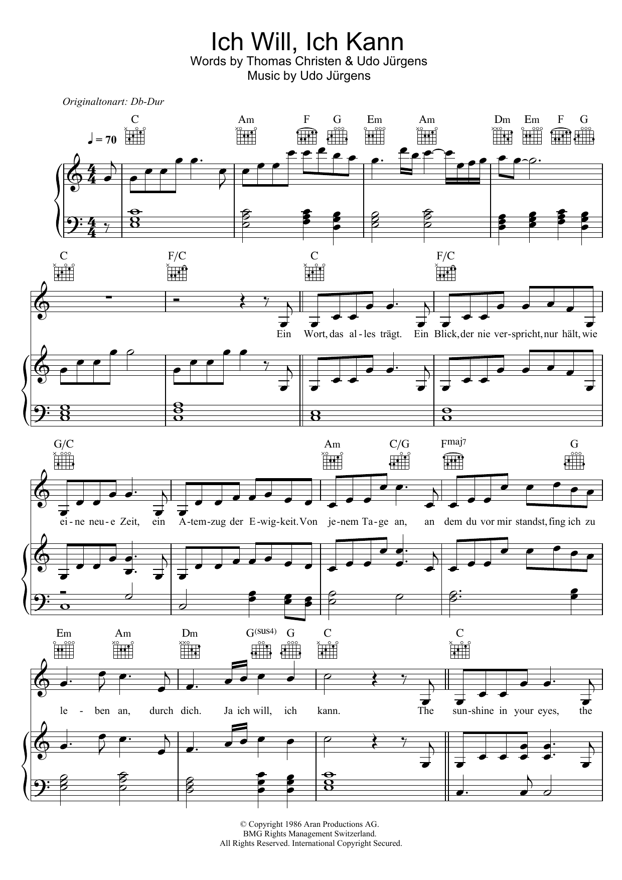 Download Udo Jürgens Ich Will, Ich Kann Sheet Music and learn how to play Piano, Vocal & Guitar (Right-Hand Melody) PDF digital score in minutes