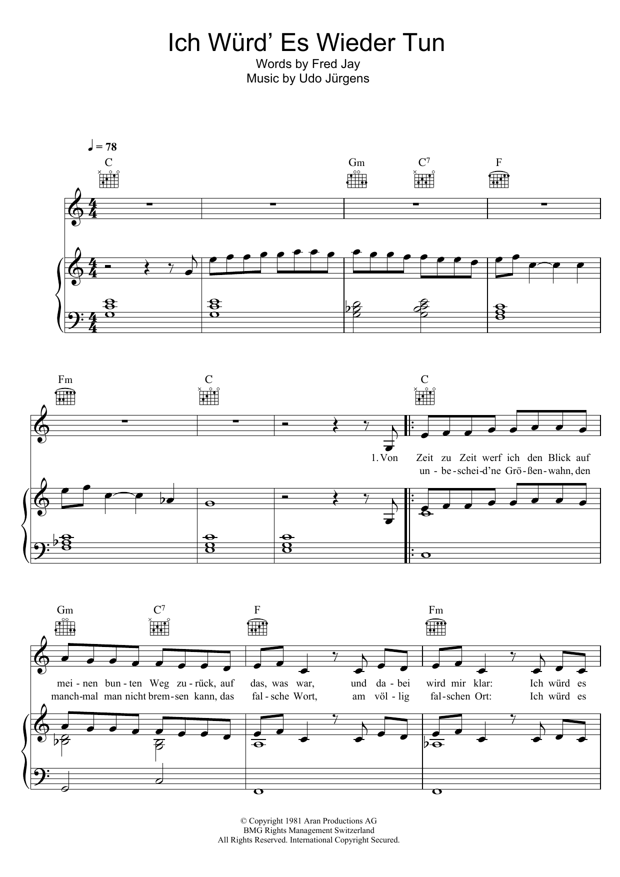 Download Udo Jürgens Ich Würd' Es Wieder Tun Sheet Music and learn how to play Piano, Vocal & Guitar (Right-Hand Melody) PDF digital score in minutes