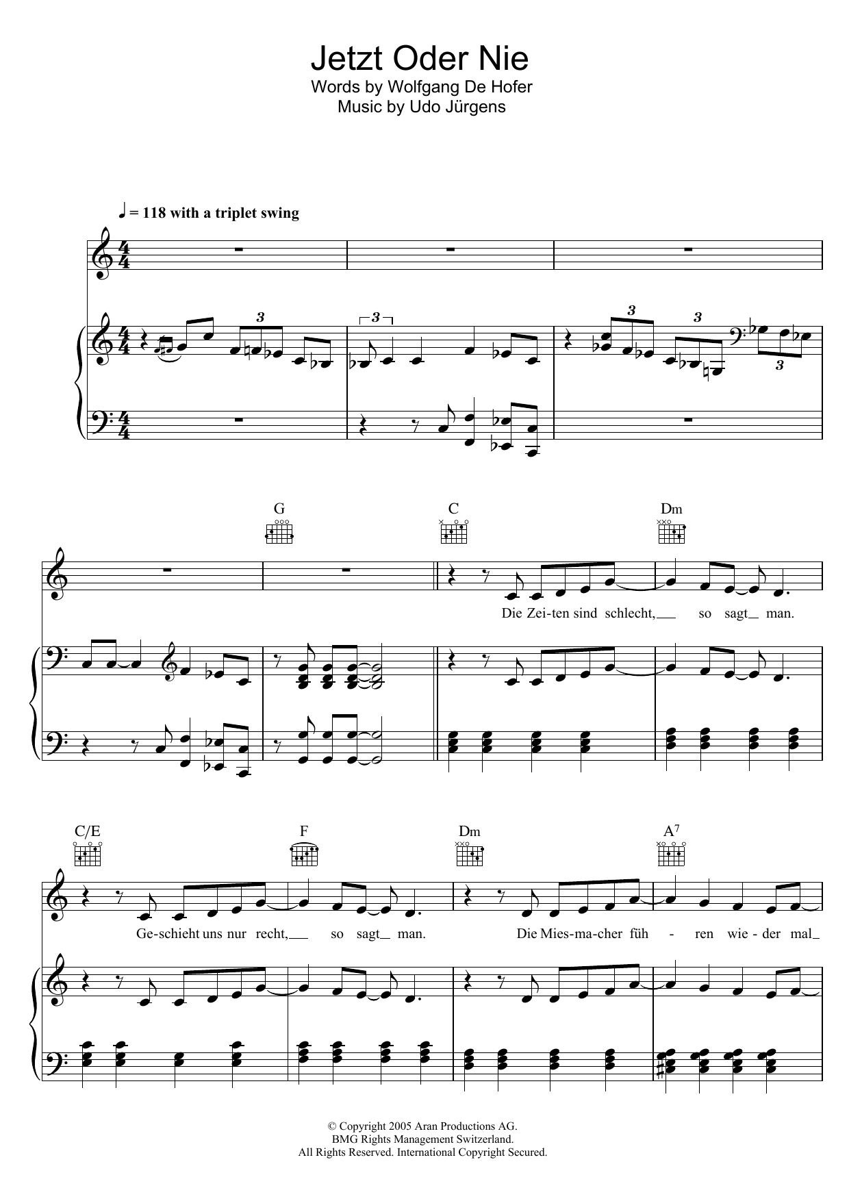 Download Udo Jürgens Jetzt Oder Nie Sheet Music and learn how to play Piano, Vocal & Guitar (Right-Hand Melody) PDF digital score in minutes