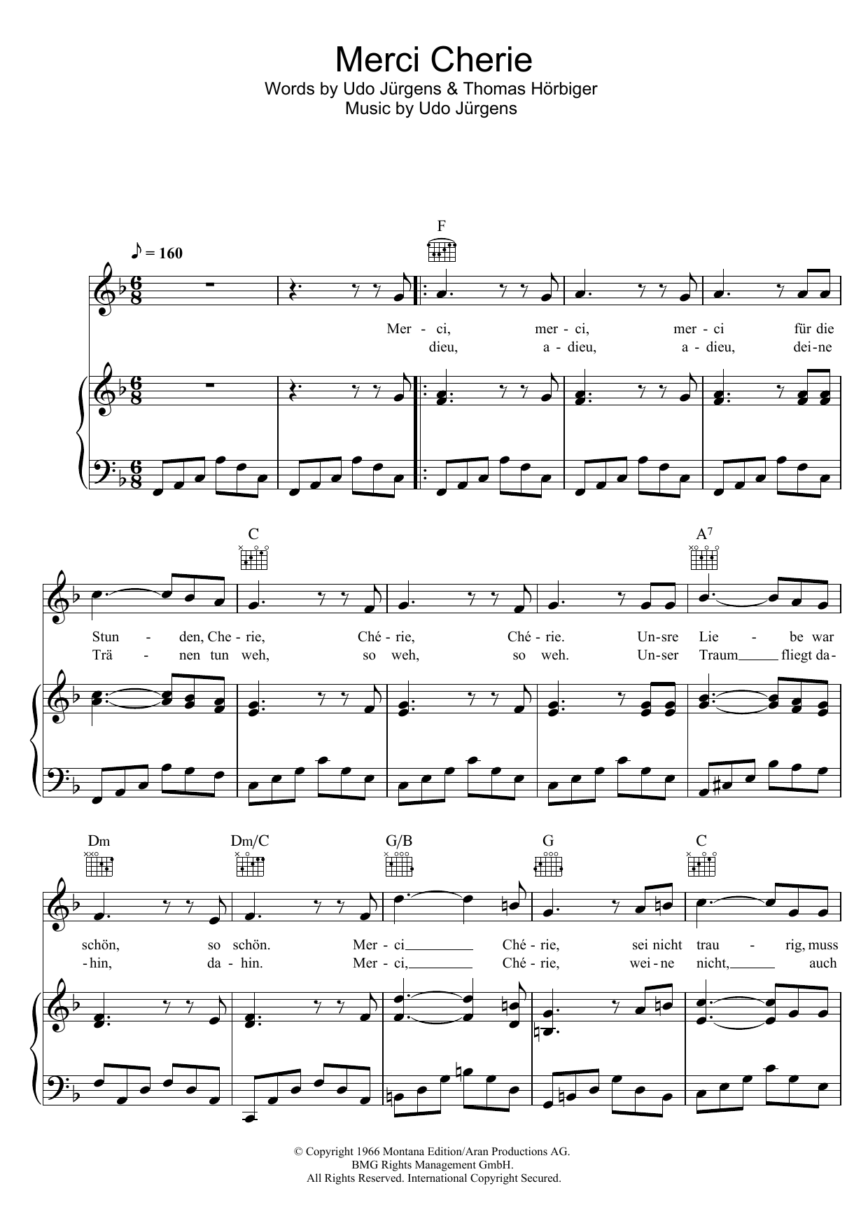 Download Udo Jürgens Merci Cherie Sheet Music and learn how to play Piano, Vocal & Guitar (Right-Hand Melody) PDF digital score in minutes