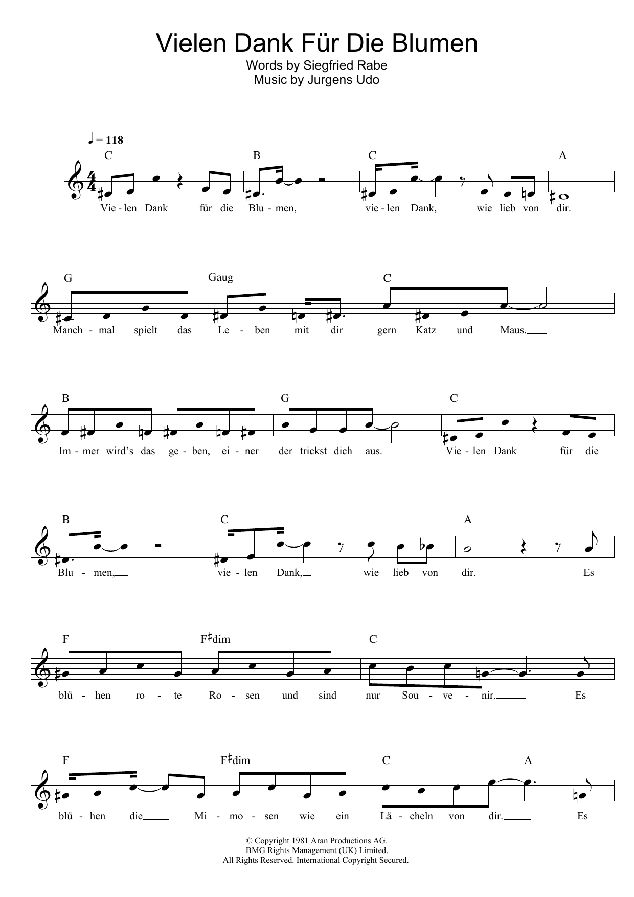 Download Udo Jurgens Vielen Dank Für Die Blumen Sheet Music and learn how to play Melody Line, Lyrics & Chords PDF digital score in minutes