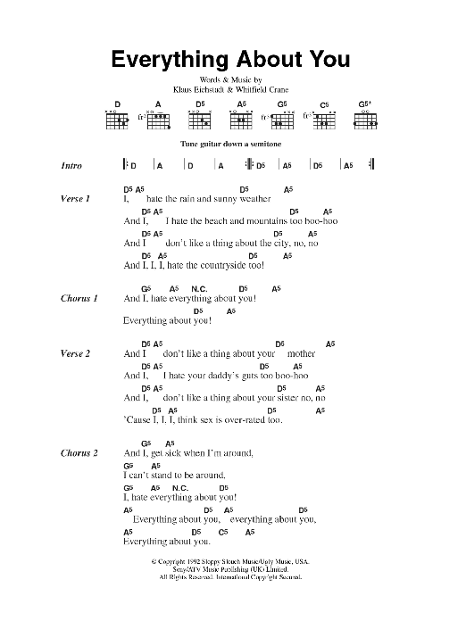 Download Ugly Kid Joe Everything About You Sheet Music and learn how to play Lyrics & Chords PDF digital score in minutes