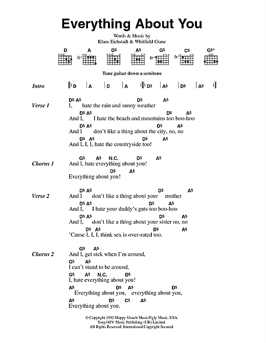 Download Ugly Kid Joe Everything About You Sheet Music and learn how to play Lyrics & Chords PDF digital score in minutes