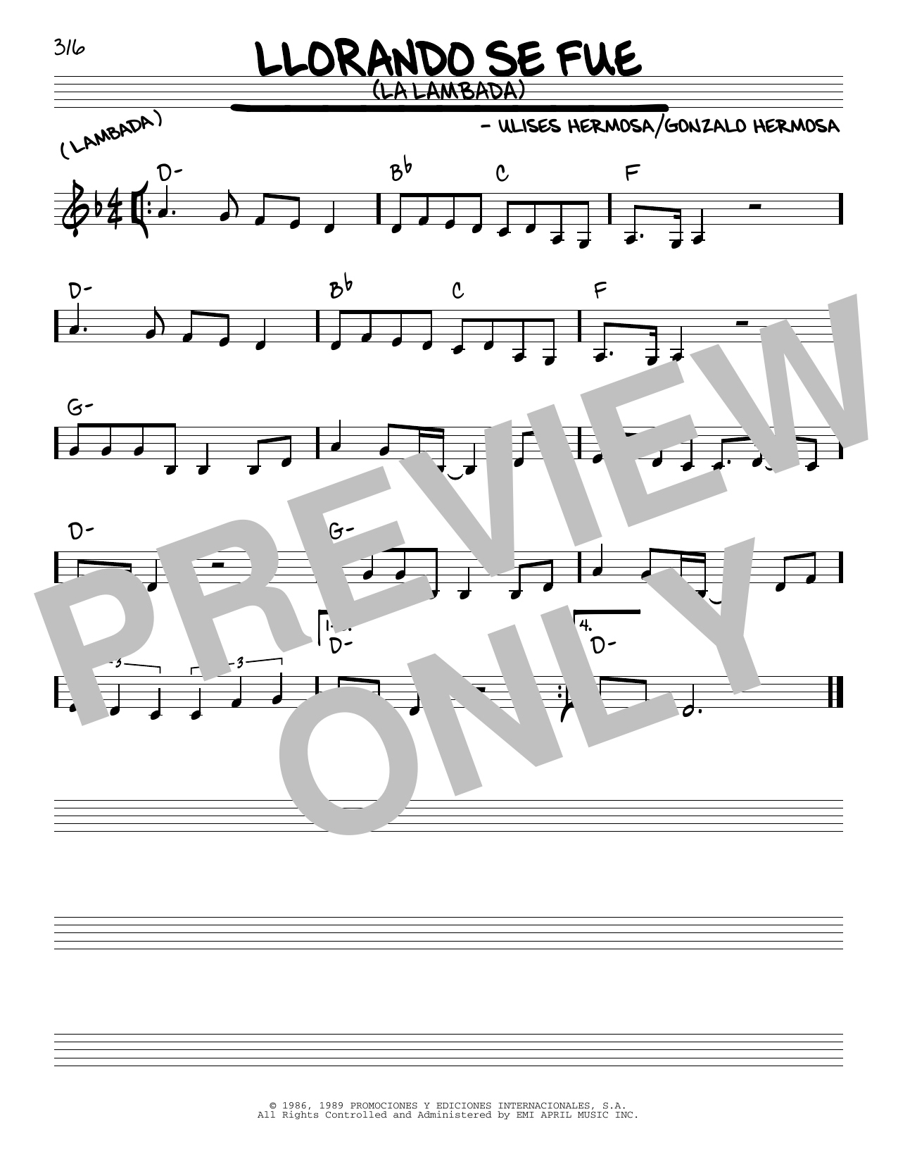 Download Ulises Hermosa Llorando Se Fue (La Lambada) Sheet Music and learn how to play Real Book – Melody & Chords PDF digital score in minutes