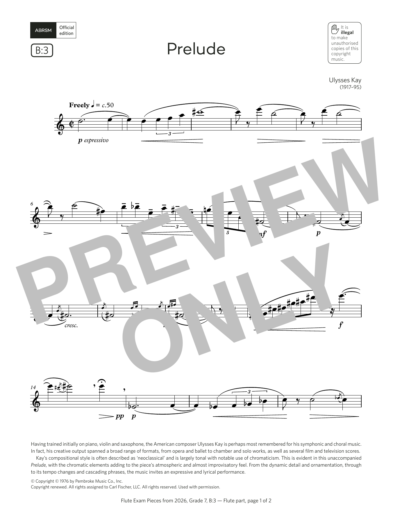 Download Ulysses Kay Prelude (Grade 7, list B3, from the ABRSM Flute Syllabus from 2026) Sheet Music and learn how to play Flute Solo PDF digital score in minutes