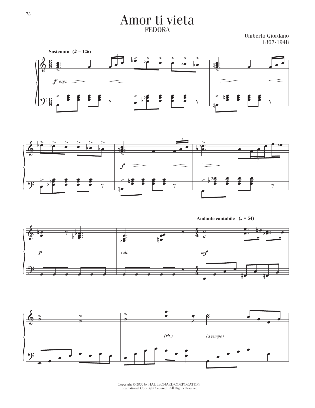 Download Umberto Giordano Amor Ti Vieta Sheet Music and learn how to play Piano Solo PDF digital score in minutes