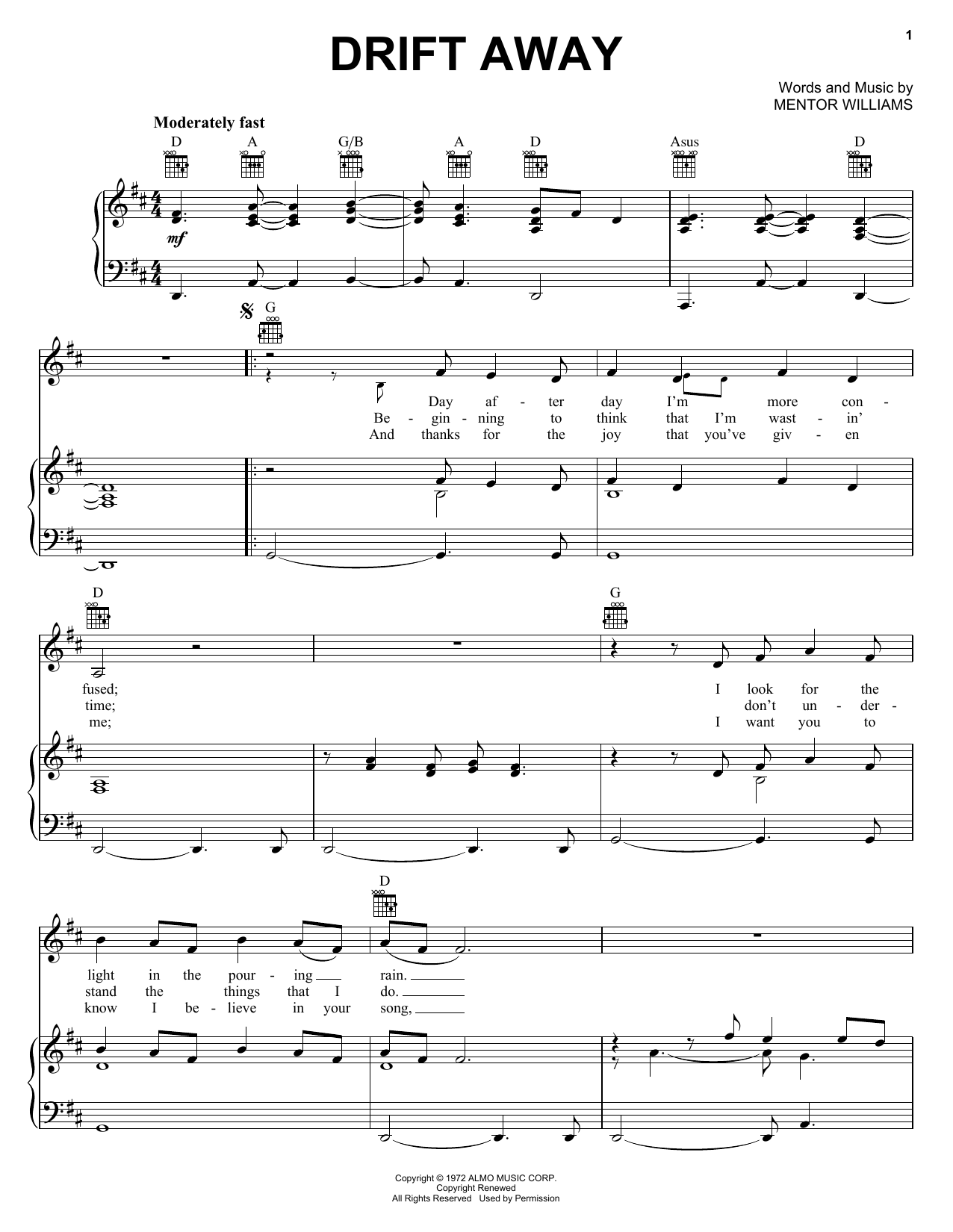Download Uncle Kracker Drift Away Sheet Music and learn how to play Easy Piano PDF digital score in minutes