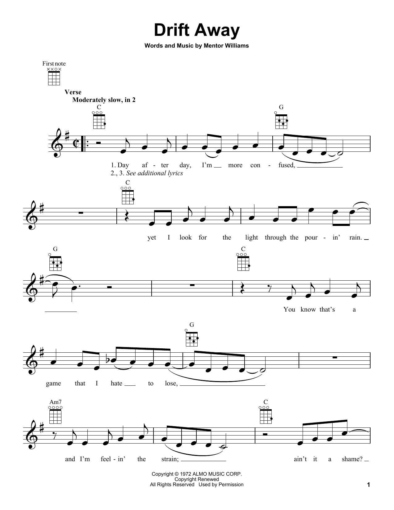 Download Uncle Kracker featuring Dobie Gray Drift Away Sheet Music and learn how to play Melody Line, Lyrics & Chords PDF digital score in minutes