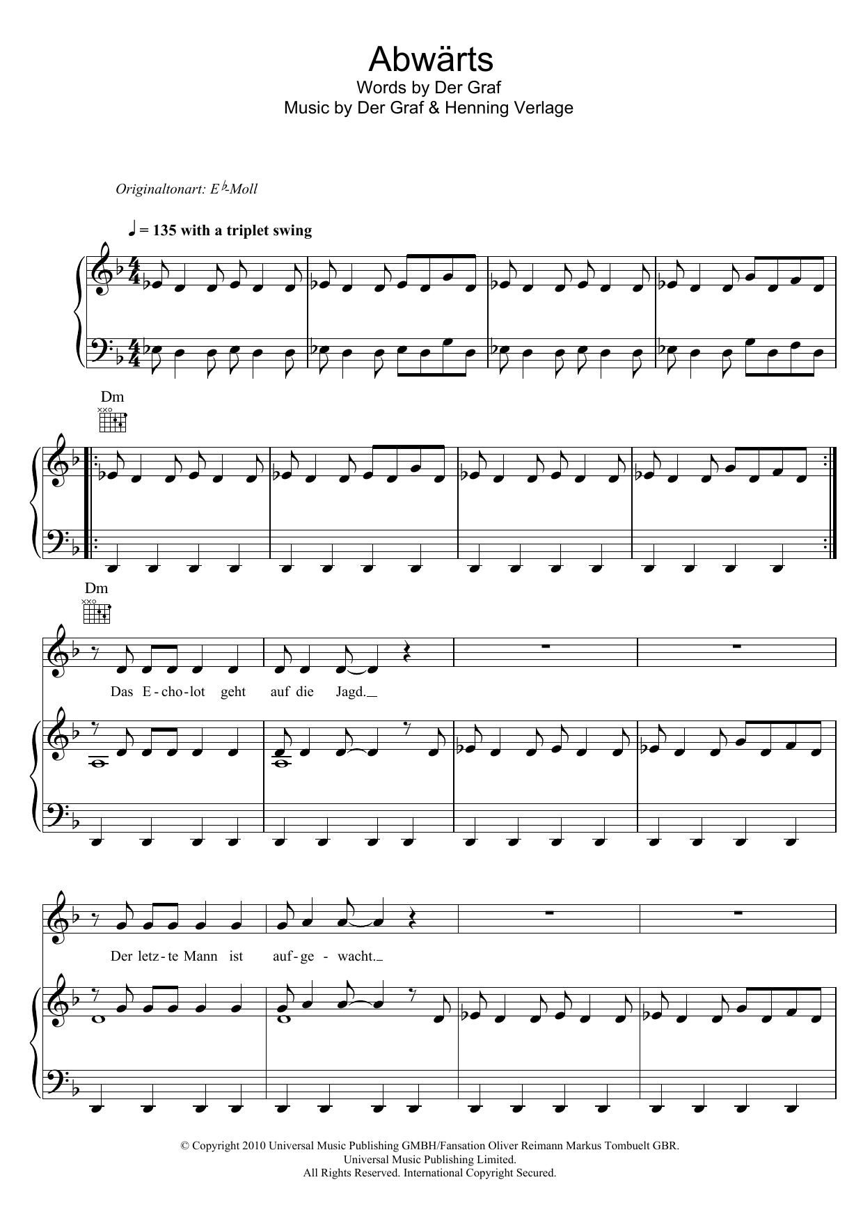 Download Unheilig Abwärts Sheet Music and learn how to play Piano, Vocal & Guitar (Right-Hand Melody) PDF digital score in minutes