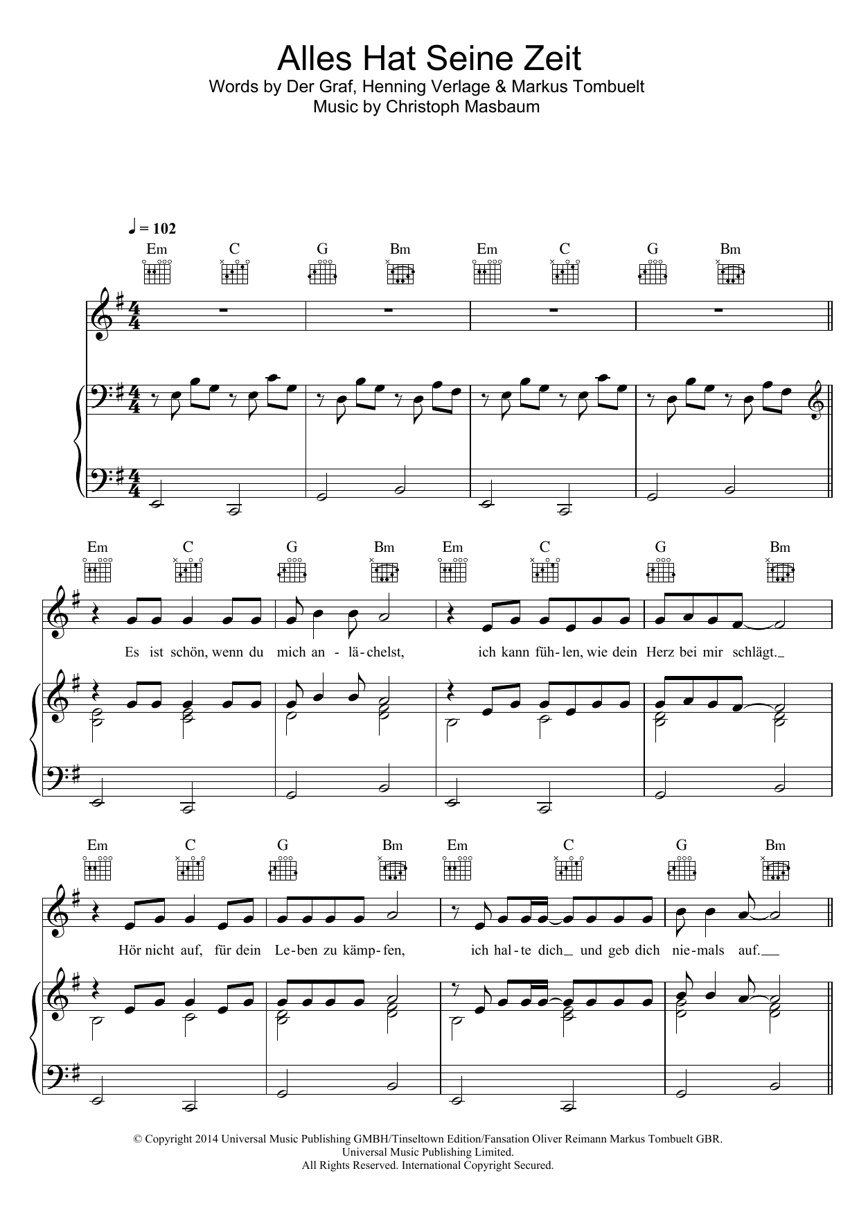 Download Unheilig Alles Hat Seine Zeit Sheet Music and learn how to play Piano, Vocal & Guitar (Right-Hand Melody) PDF digital score in minutes