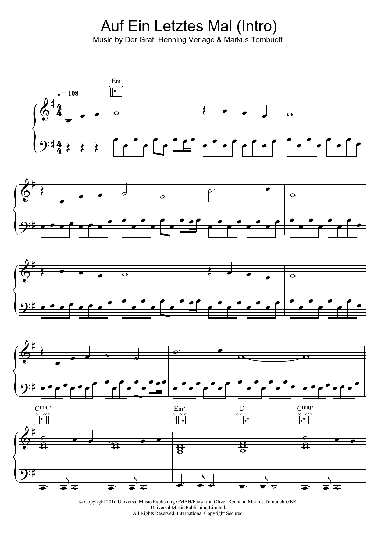 Download Unheilig Auf Ein Letztes Mal (Intro) Sheet Music and learn how to play Piano & Guitar PDF digital score in minutes
