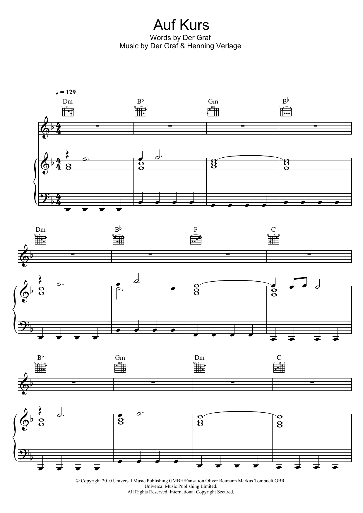 Download Unheilig Auf Kurs Sheet Music and learn how to play Piano, Vocal & Guitar (Right-Hand Melody) PDF digital score in minutes