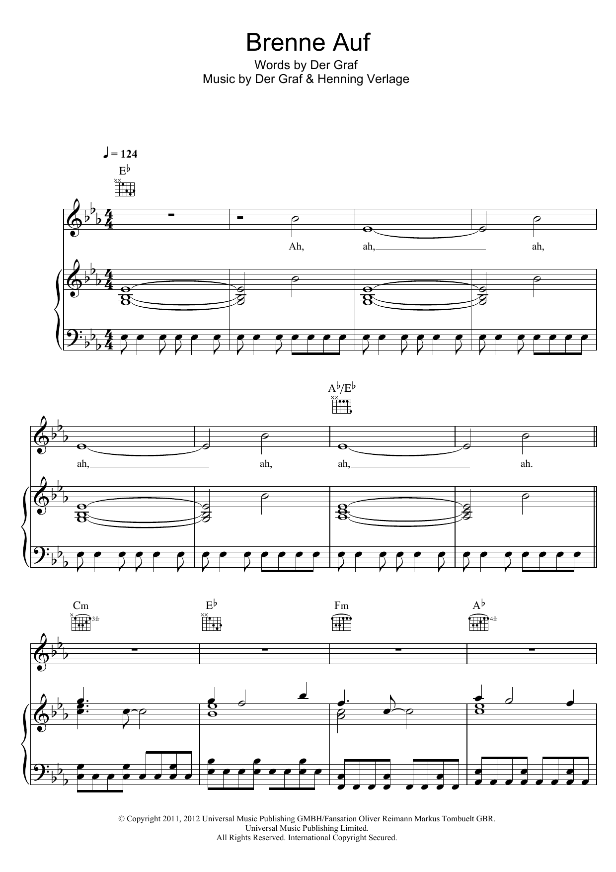 Download Unheilig Brenne Auf Sheet Music and learn how to play Piano, Vocal & Guitar (Right-Hand Melody) PDF digital score in minutes