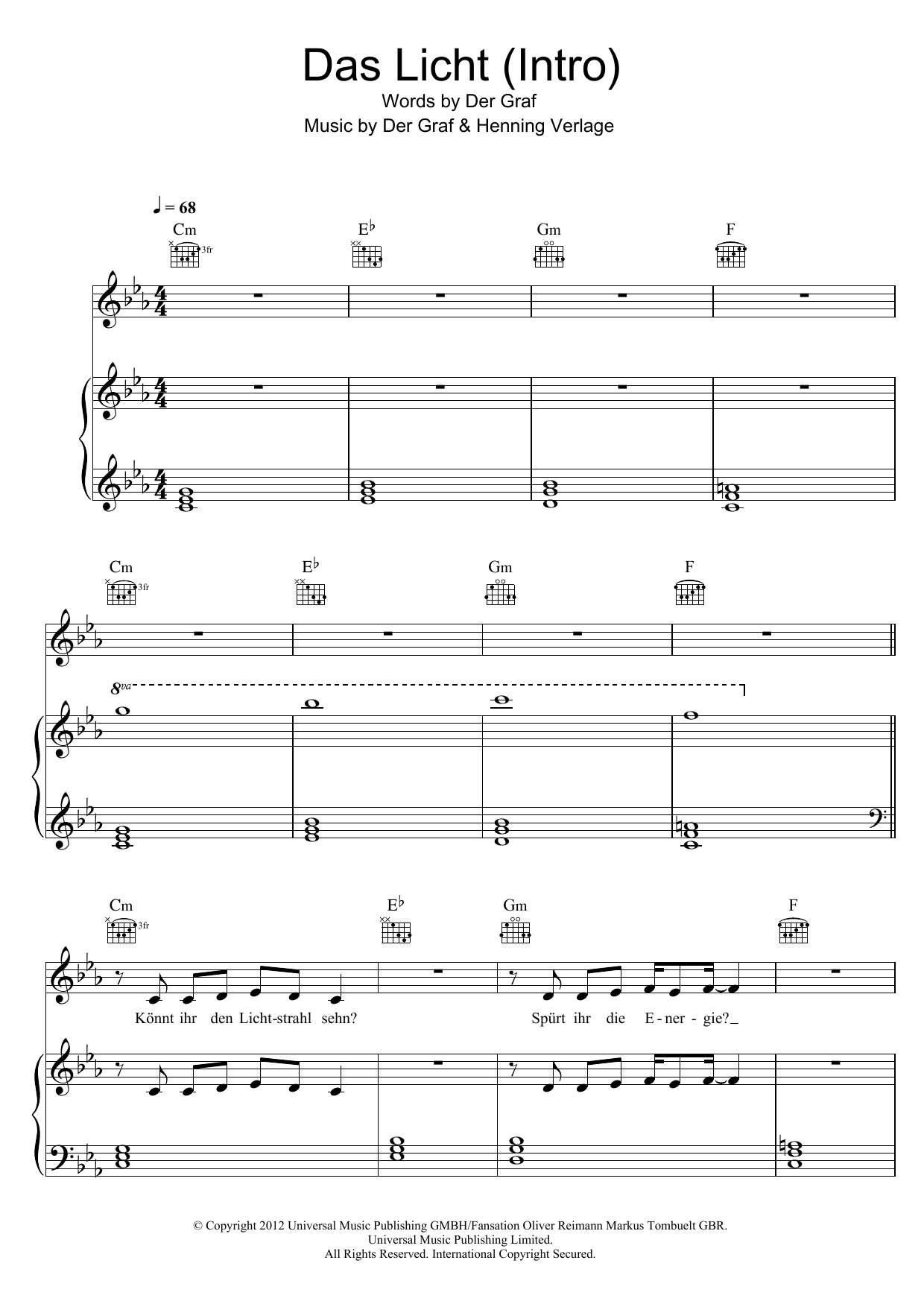 Download Unheilig Das Licht (Intro) Sheet Music and learn how to play Piano, Vocal & Guitar (Right-Hand Melody) PDF digital score in minutes