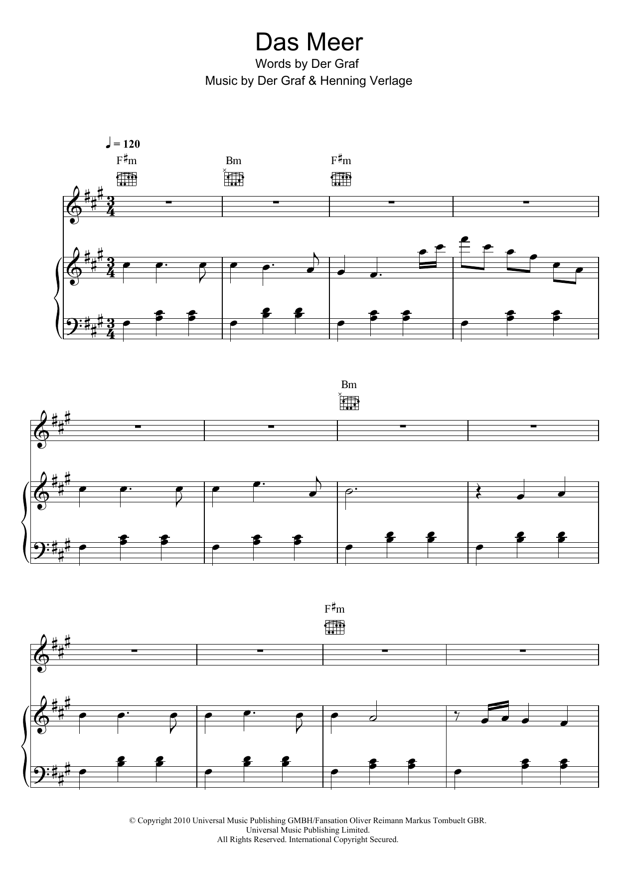 Download Unheilig Das Meer Sheet Music and learn how to play Piano, Vocal & Guitar (Right-Hand Melody) PDF digital score in minutes