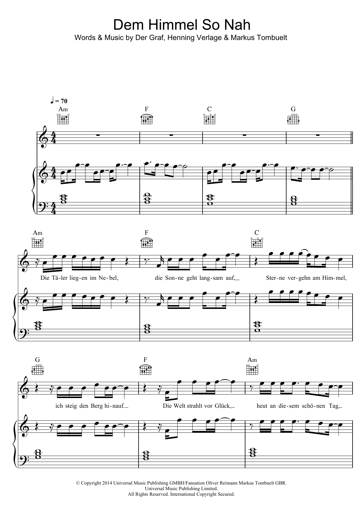 Download Unheilig Dem Himmel So Nah Sheet Music and learn how to play Piano, Vocal & Guitar (Right-Hand Melody) PDF digital score in minutes