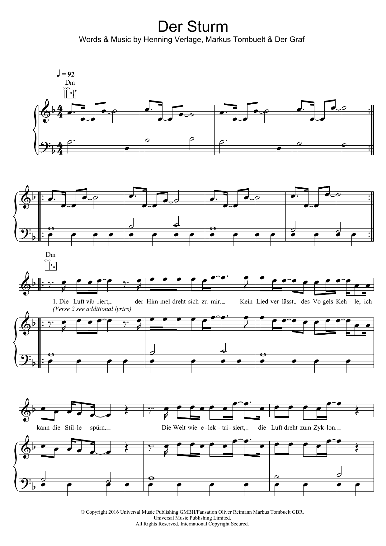 Download Unheilig Der Sturm Sheet Music and learn how to play Piano, Vocal & Guitar (Right-Hand Melody) PDF digital score in minutes