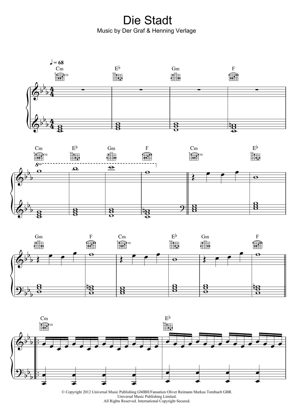 Download Unheilig Die Stadt Sheet Music and learn how to play Piano, Vocal & Guitar (Right-Hand Melody) PDF digital score in minutes