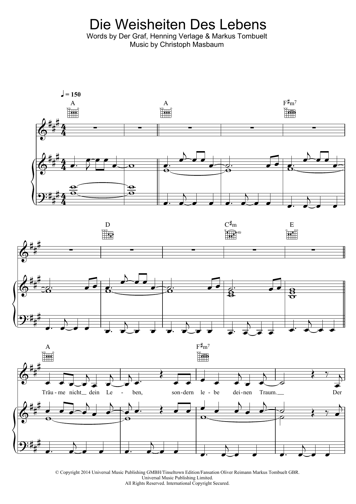 Download Unheilig Die Weisheiten Des Lebens Sheet Music and learn how to play Piano, Vocal & Guitar (Right-Hand Melody) PDF digital score in minutes