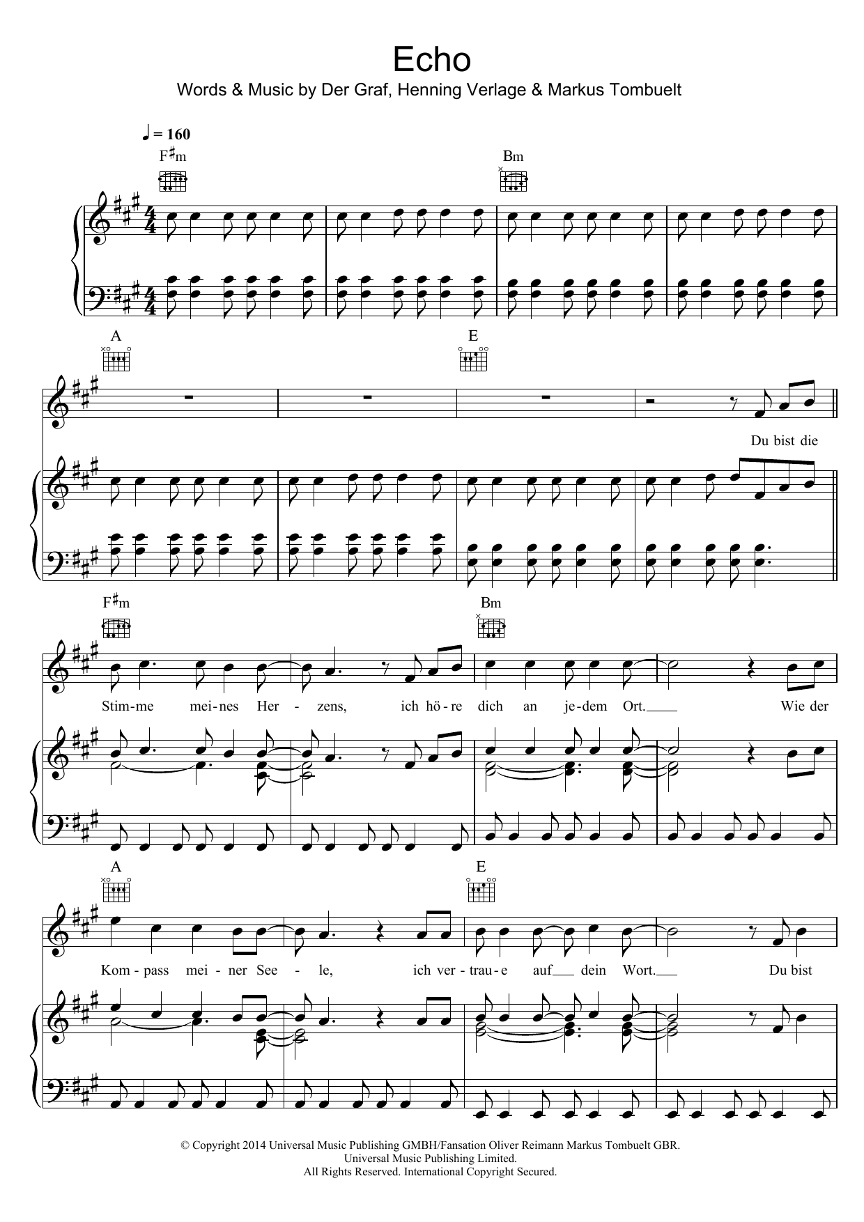 Download Unheilig Echo Sheet Music and learn how to play Piano, Vocal & Guitar (Right-Hand Melody) PDF digital score in minutes