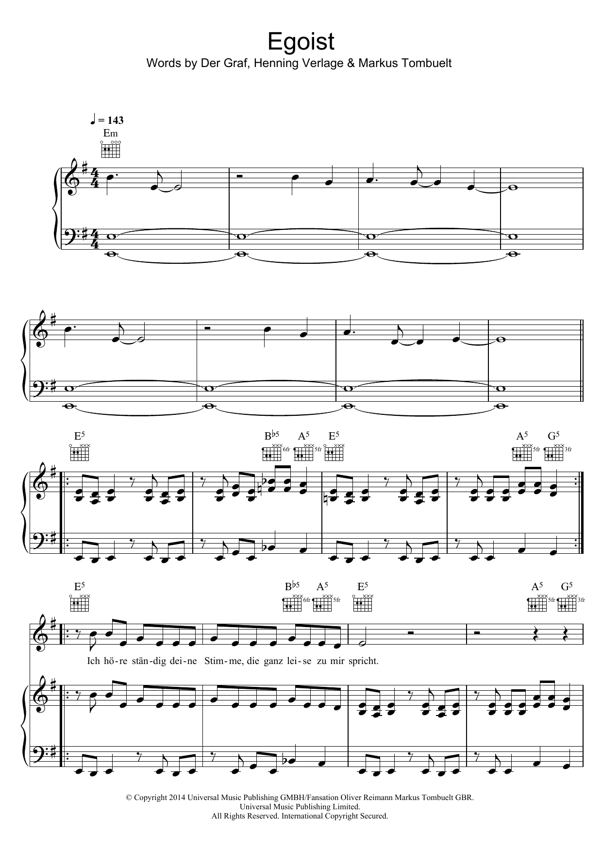 Download Unheilig Egoist Sheet Music and learn how to play Piano, Vocal & Guitar (Right-Hand Melody) PDF digital score in minutes