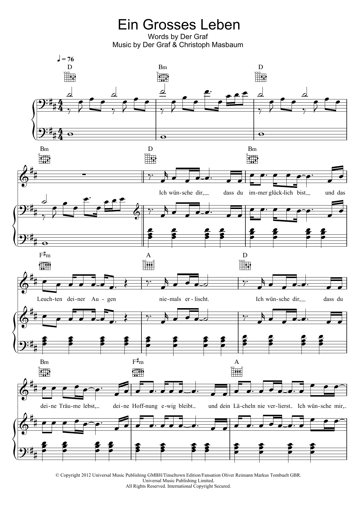 Download Unheilig Ein Grosses Leben Sheet Music and learn how to play Piano, Vocal & Guitar (Right-Hand Melody) PDF digital score in minutes