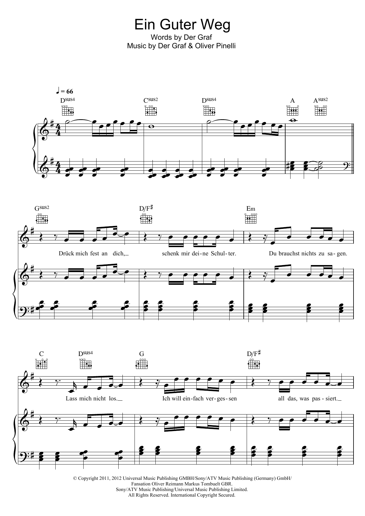 Download Unheilig Ein Guter Weg Sheet Music and learn how to play Piano, Vocal & Guitar (Right-Hand Melody) PDF digital score in minutes