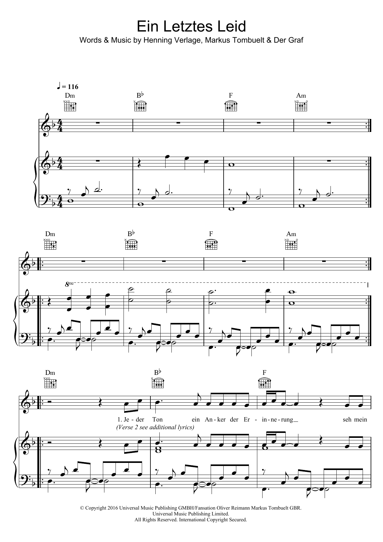 Download Unheilig Ein Letztes Lied Sheet Music and learn how to play Piano, Vocal & Guitar (Right-Hand Melody) PDF digital score in minutes