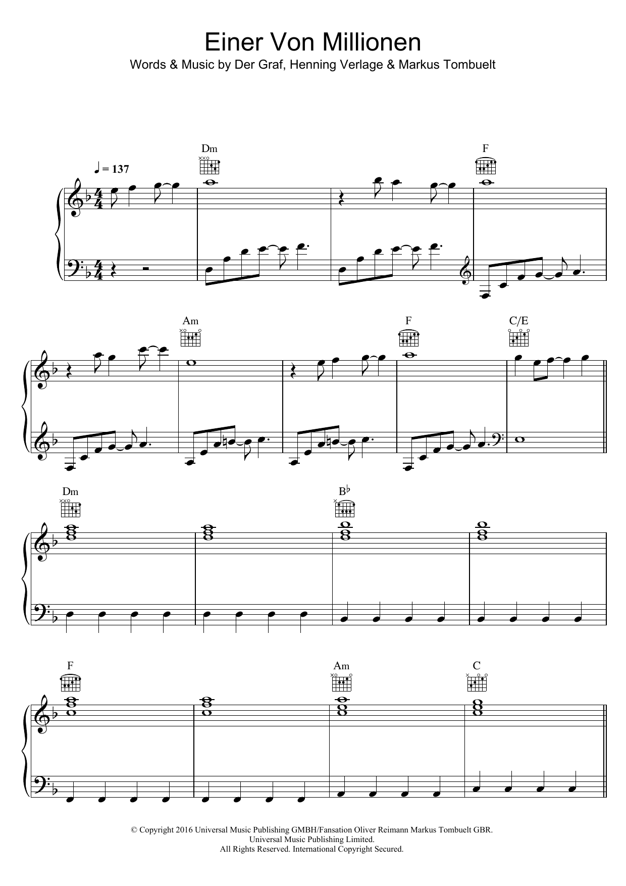 Download Unheilig Einer Von Millionen Sheet Music and learn how to play Piano, Vocal & Guitar (Right-Hand Melody) PDF digital score in minutes