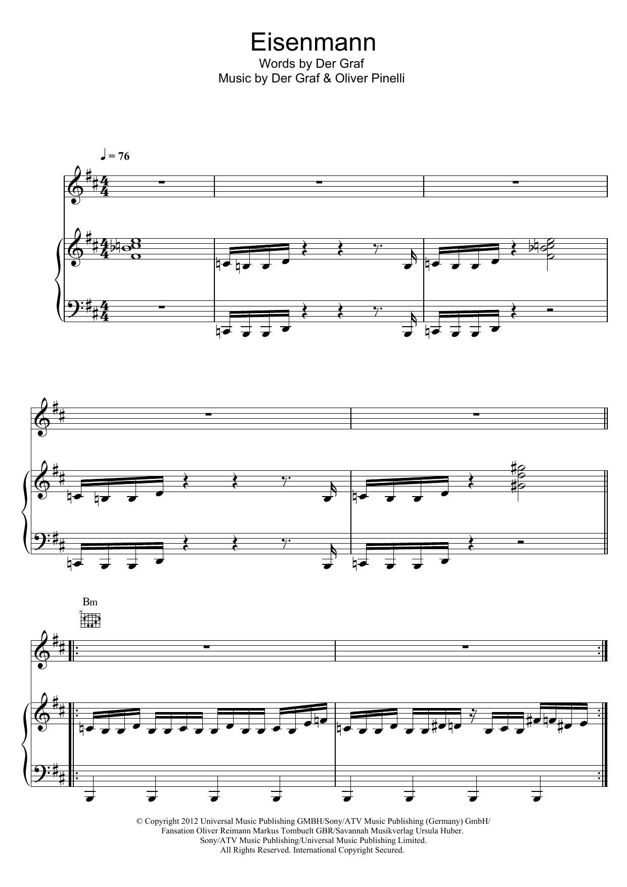 Download Unheilig Eisenmann Sheet Music and learn how to play Piano, Vocal & Guitar (Right-Hand Melody) PDF digital score in minutes