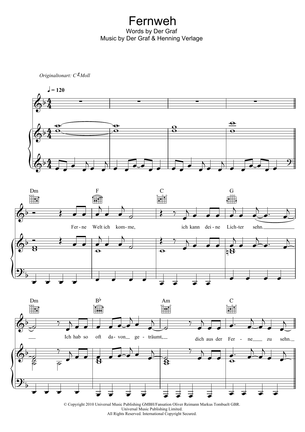 Download Unheilig Fernweh Sheet Music and learn how to play Piano, Vocal & Guitar (Right-Hand Melody) PDF digital score in minutes