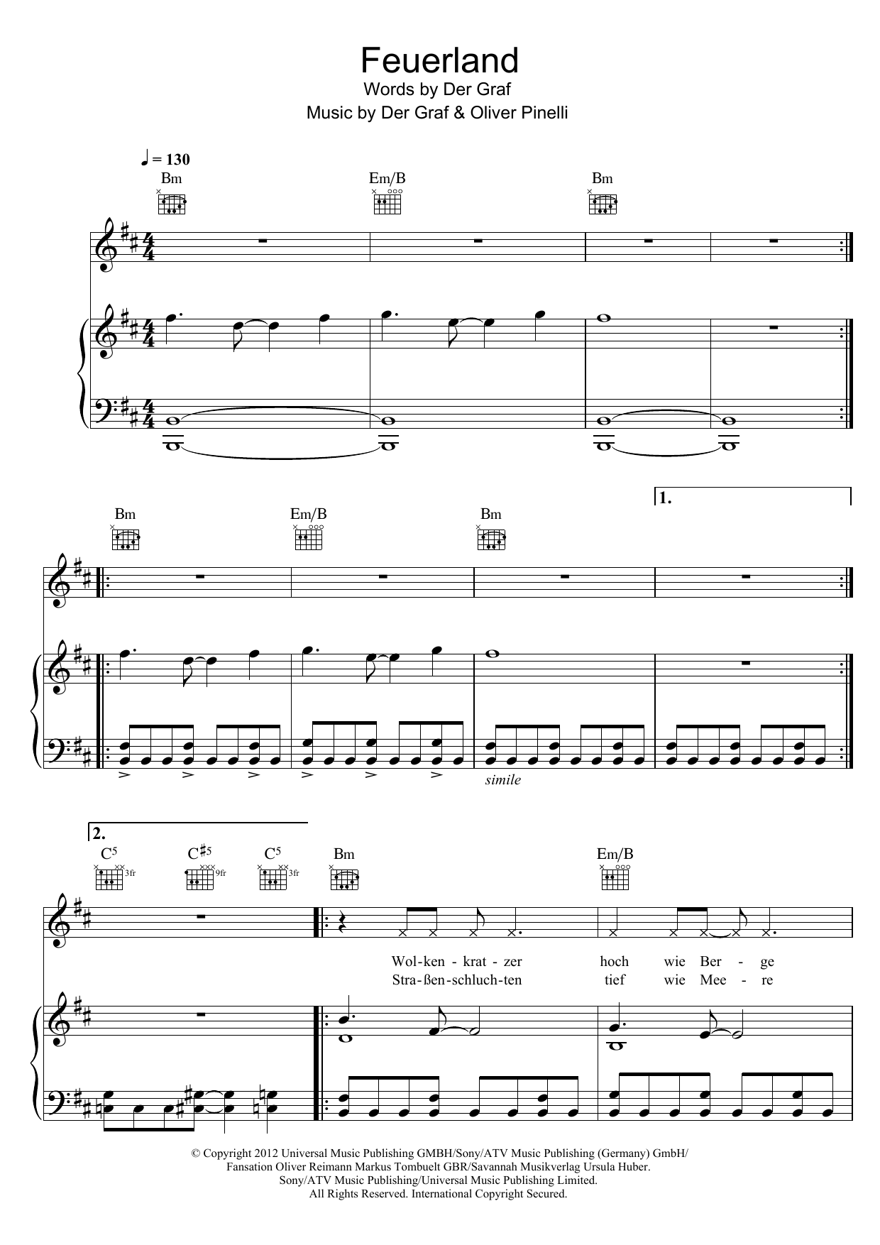 Download Unheilig Feuerland Sheet Music and learn how to play Piano, Vocal & Guitar (Right-Hand Melody) PDF digital score in minutes