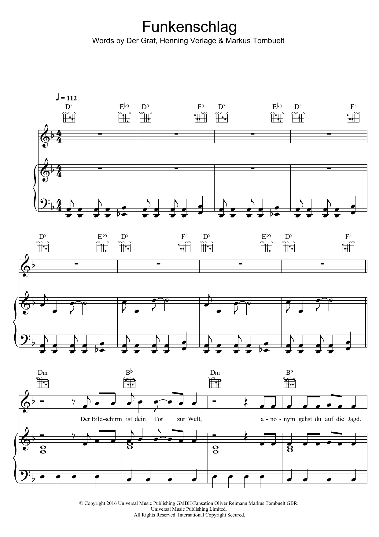 Download Unheilig Funkenschlag Sheet Music and learn how to play Piano, Vocal & Guitar (Right-Hand Melody) PDF digital score in minutes