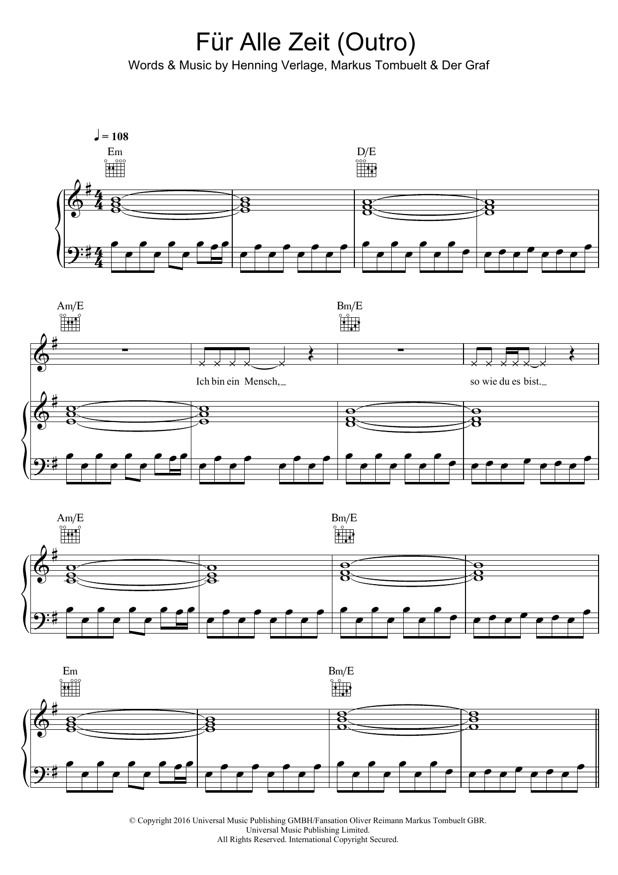 Download Unheilig Für Alle Zeit (Outro) Sheet Music and learn how to play Piano, Vocal & Guitar (Right-Hand Melody) PDF digital score in minutes